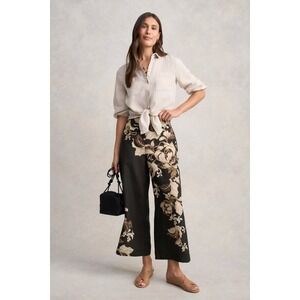 NWT Blue Illusion Linen Blend Wide Leg Pants in Black Foliage Print Size Medium